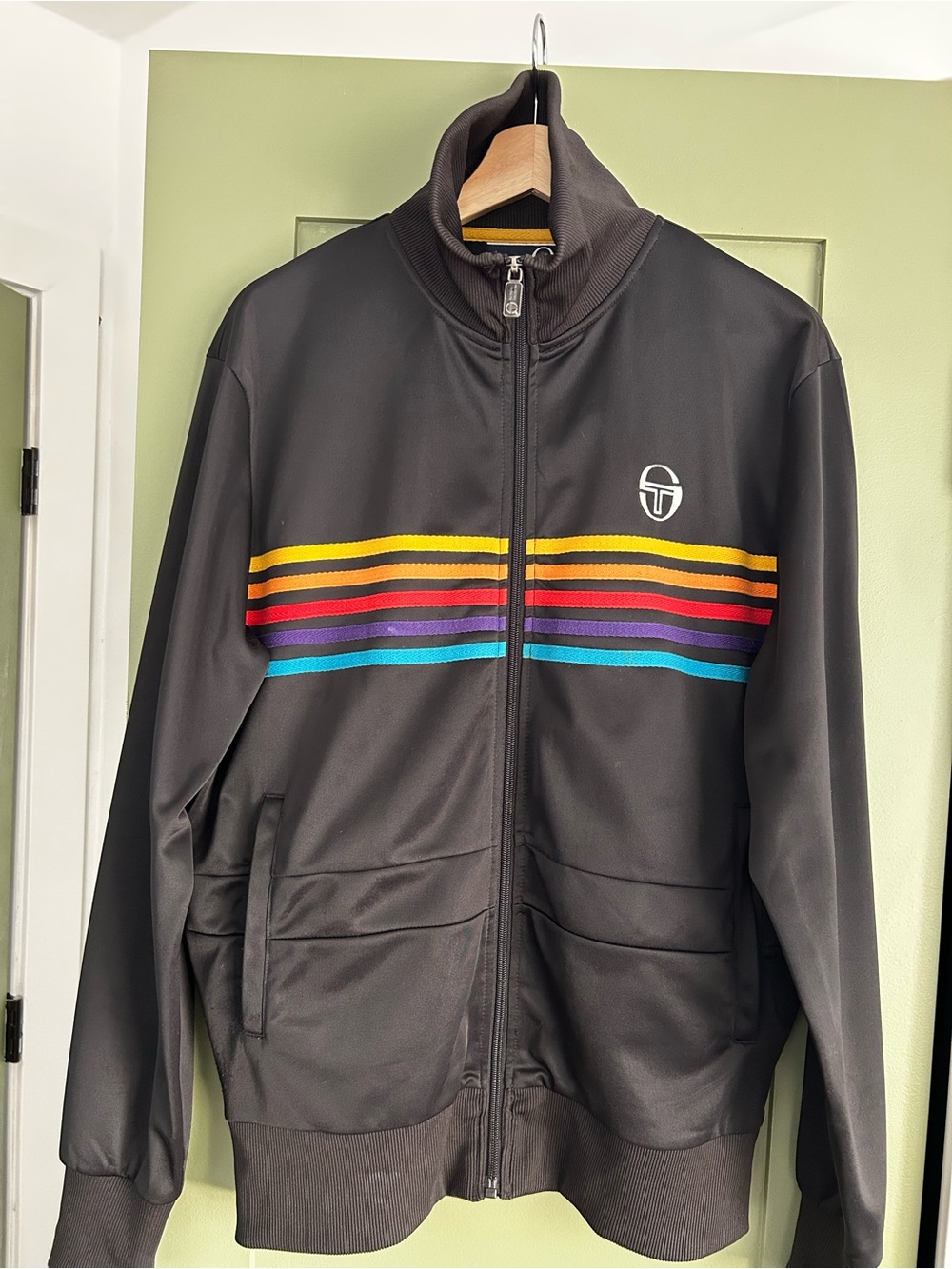 Sergio Tacchini Black Bomber Jacket with Rainbow Chest Stripes